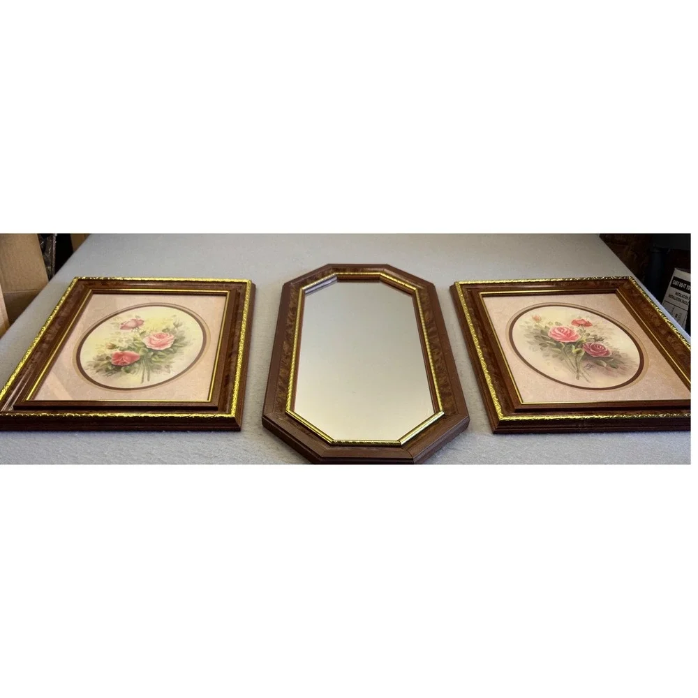 Vintage Wood Grain Gold Trim Picture Frame Wall Art Brown 13.5x16.5